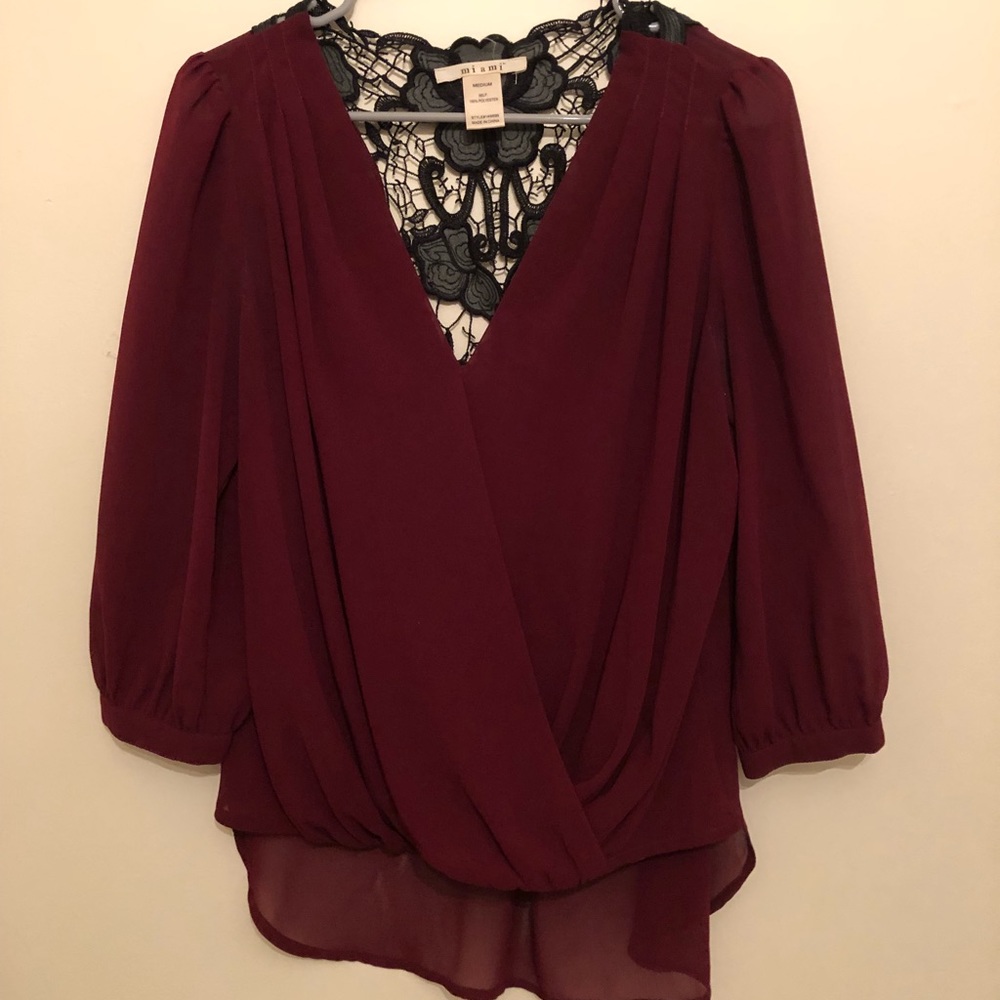 Sheer Burgundy Blouse with Leather Detail